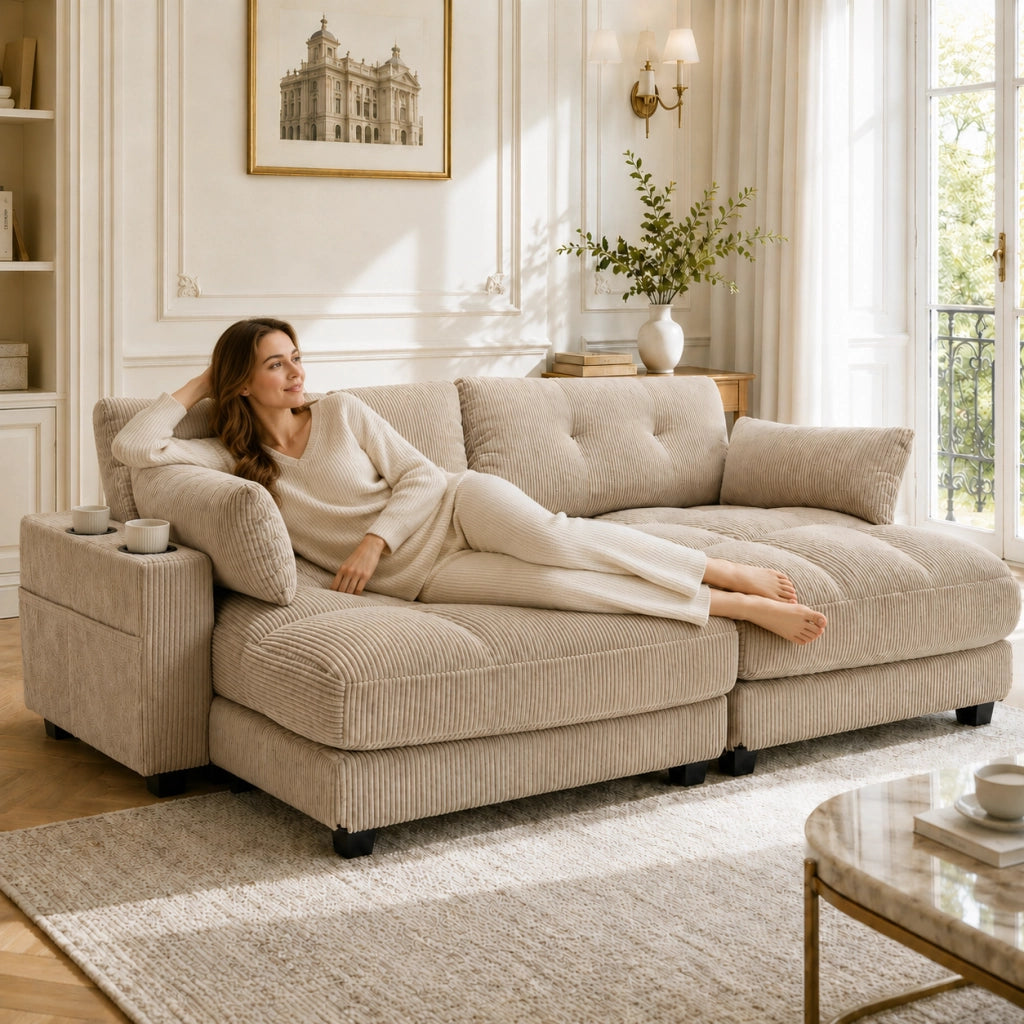 DIVANO Modulare 2 posti 224x140x81 cm tessuto corduroy kaki con 2 cuscini