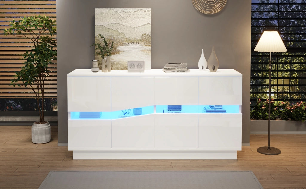 Credenza bianca lucida 140 x 35 x 70 cm con 4 ante LED in acrilico