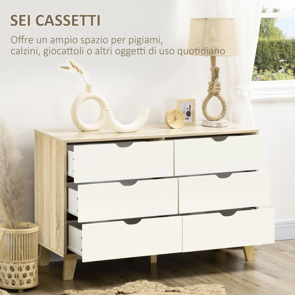Cassettiera 6 Cassetti 120x40x76 cm con Maniglie Intagliate in Legno Bianco e Rovere