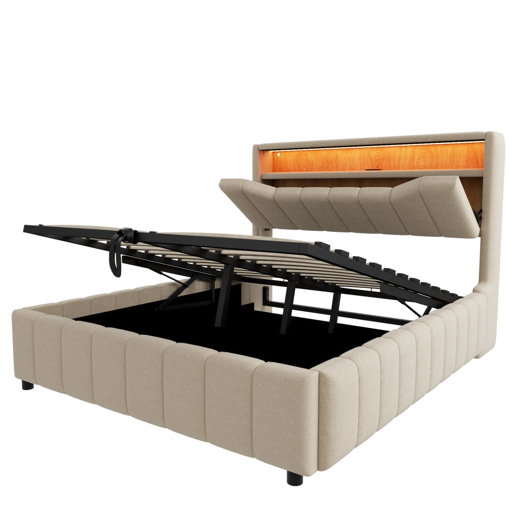 Letto 140x200 cm con contenitore idraulico, LED, USB e USB-C in tessuto beige