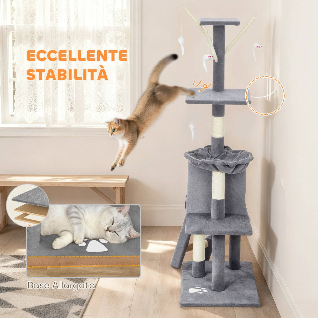 Torre per Gatti con Casetta. Trespolo. Piattaforme e 4 Topolini. in Legno. Peluche e Sisal. 60x35x134 cm. Grigio