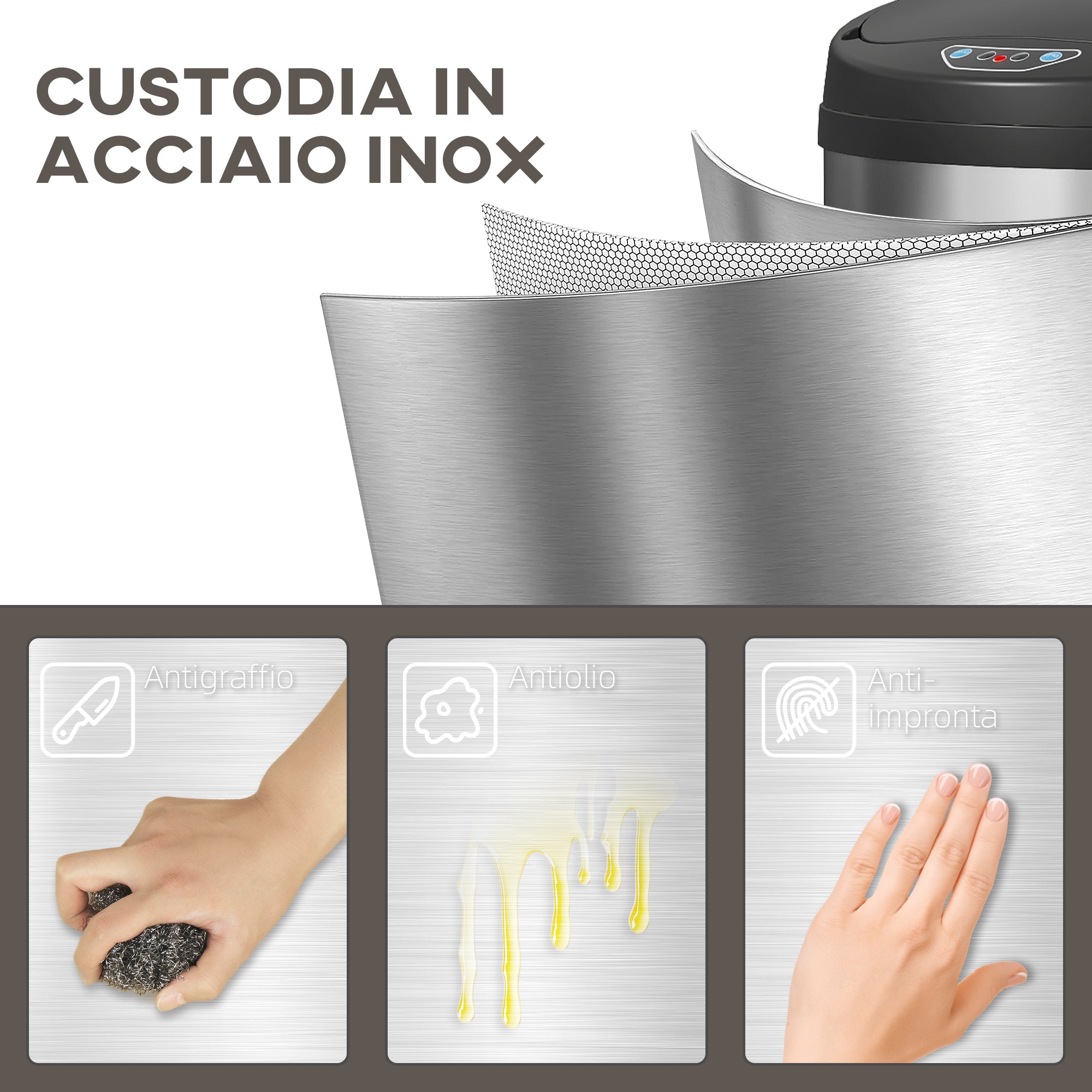Pattumiera da 42L 30,5x30,5x68 cm con Sensore di Movimento in Acciaio Inox