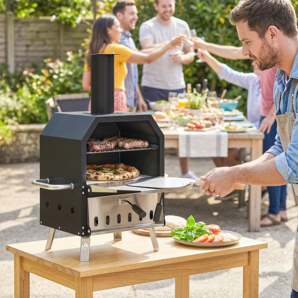 Barbecue a legna e carbone 2 livelli con pietra refrattaria e paletta ¨C zephmum ¨C nero 30 cm