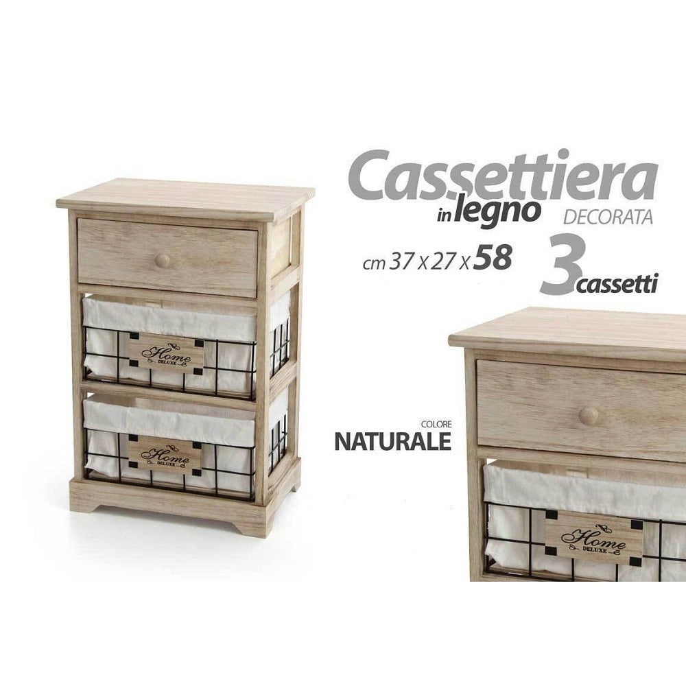 Trade Shop - Mobile Cassettiera In Legno Naturale 3 Cassetti 37x27x58cm Decorata Ceste 787805 -