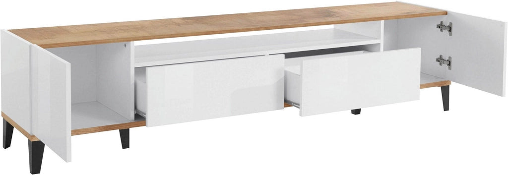 Mobile TV 2 Ante 2 Cassetti 200x40x47 cm Sunrise Bianco Lucido e Acero Pereira