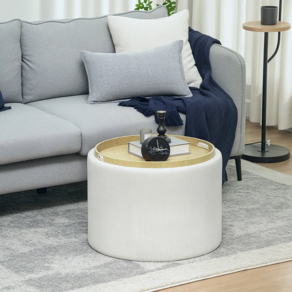 Pouf contenitore rotondo ¨C Xylo ¨C Tessuto a coste crema con vano portaoggetti