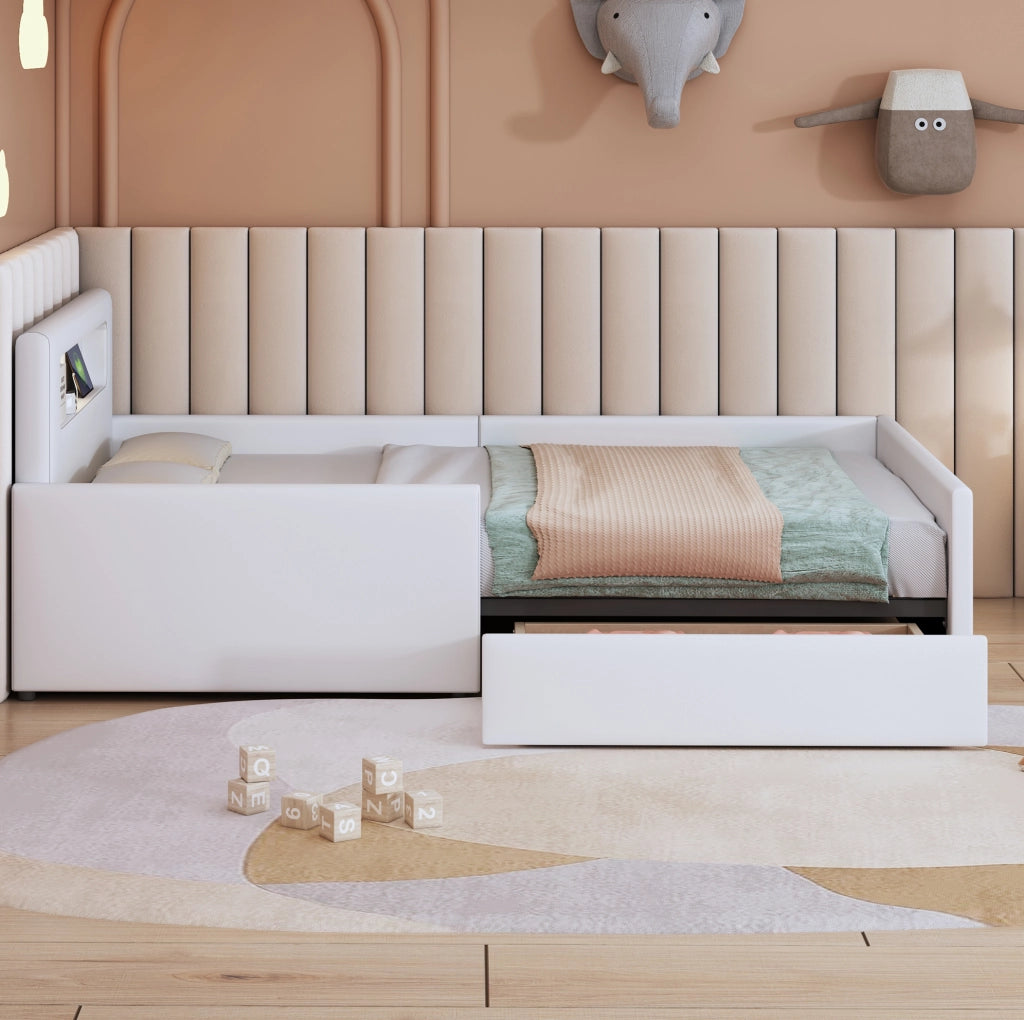 Letto imbottito per bambini 90x200 cm in similpelle bianca con LED; USB e cassetti