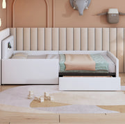 Letto imbottito per bambini 90x200 cm in similpelle bianca con LED; USB e cassetti