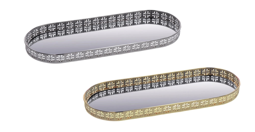 1 Pezzo Vassoio in Metallo e Vetro Ovale Oro o Argento 38 x 15 cm 2 Colori