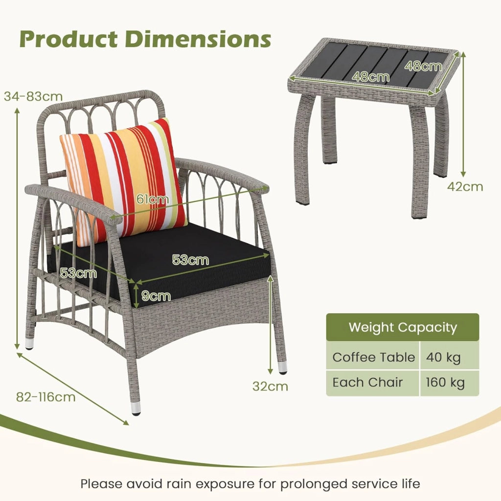 Set da 3 Pezzi di Poltrone e Tavolo per Esterni, 2 Sedie con Cuscini e Guanciali, Tavolo in Rattan, Schienale e Piedini Regolabili, Tavolino e Sedie per Soggiorno, Giardino, Patio