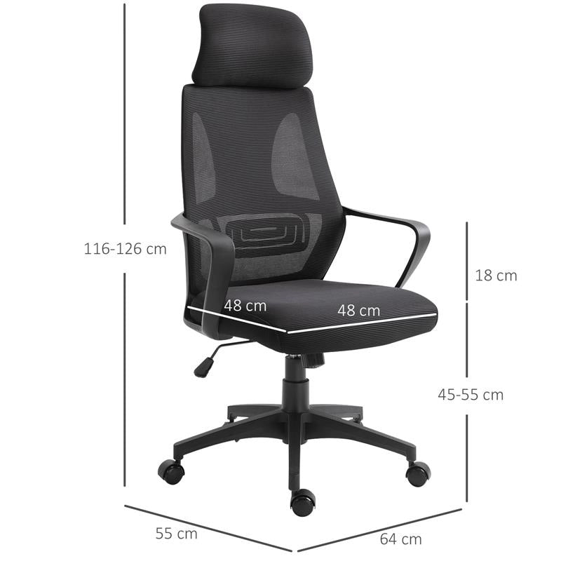 SEDIA DA UFFICIO RECLINABILE CON POGGIATESTA E SUPPORTO LOMBARE IN POLIESTERE 64X55X116-126 CM NERO