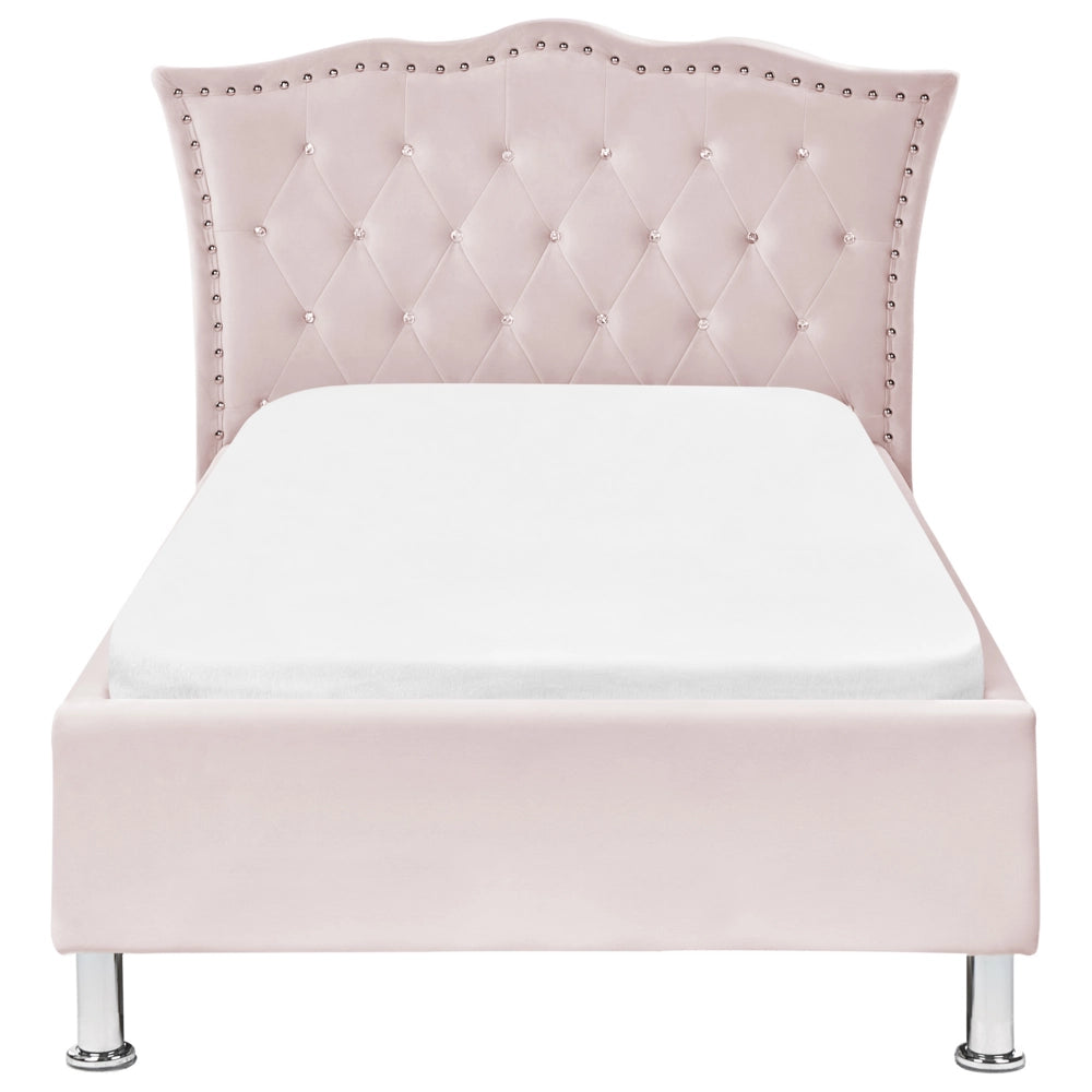 Letto singolo Rosa Pastello Velluto imbottito Telaio con decorazione rete a doghe Bottoni di cristallo Poggiatesta Camera da letto Moderna Glam