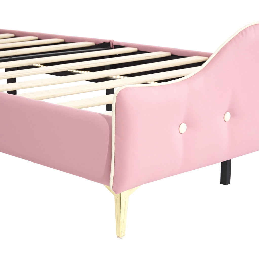Letto singolo 90x200 cm con LED; testiera ondulata e corona; PU bianco e rosa