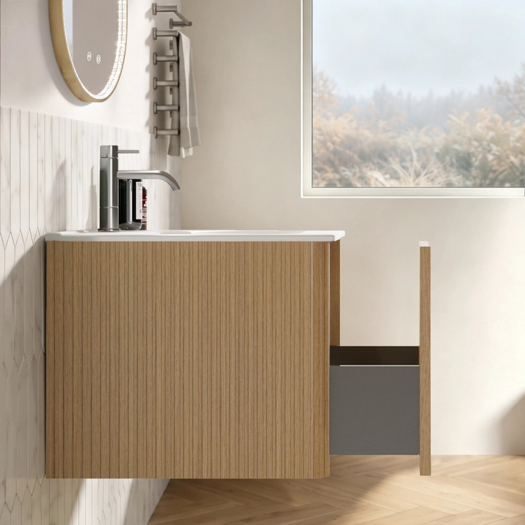 Mobile bagno con specchio con lavabo integrato e LED antiappannamento sospeso per bagno in MDF rovere