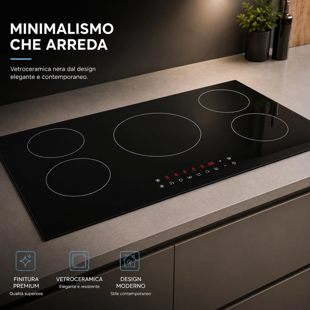 Piano Cottura a Induzione 90 cm in Vetroceramica Nero Controllo Touch 5 Fornelli