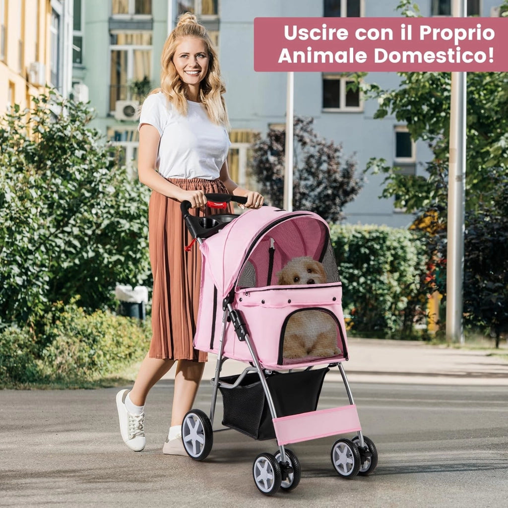 Passeggino per Cani, Carrozzina per Cani Pieghevole Fino a 15 kg, 4 Ruote con Finestra a Rete Porta Bicchiere e Cesto, Passeggino Portatile per Animali Piccola e Media (Rosa)