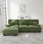 Divano modulare angolare con pouf mobili in chenille verde; seduta profonda