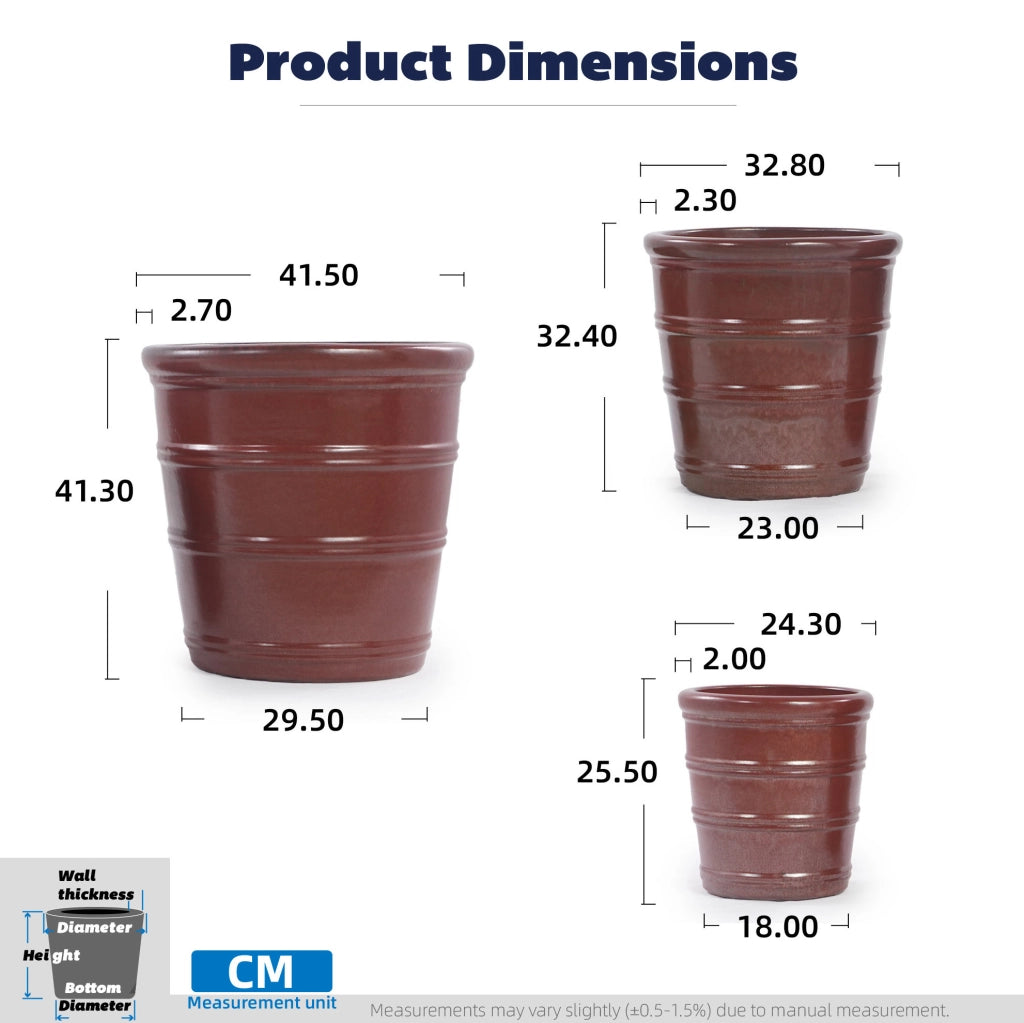 Set di 3 vasi per piante in ceramica rosso-bruna lucida, resistenti al gelo e decorativi
