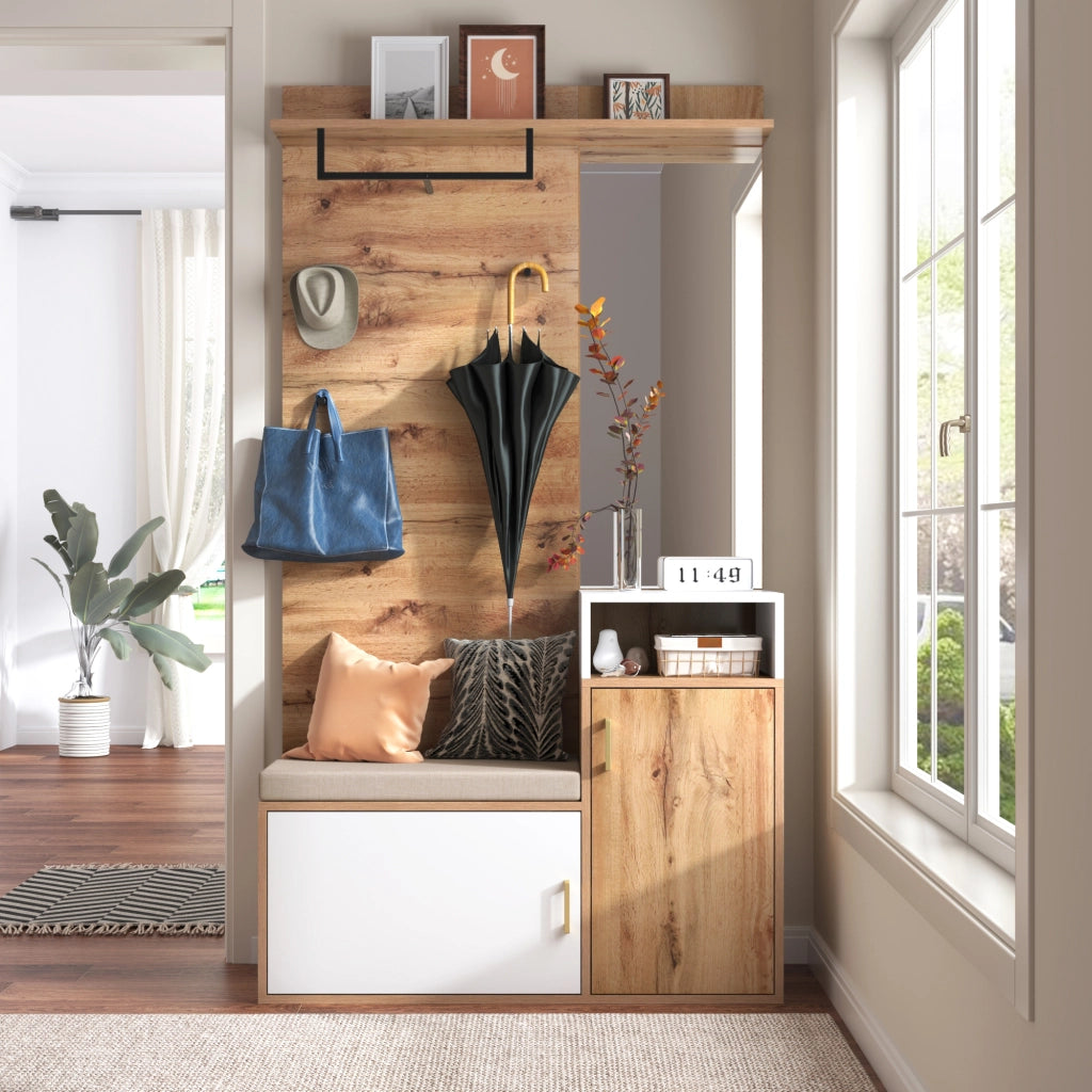 Mobile Ingresso con Specchio; Panca e Scarpiera con 2 Scomparti; 4 Ganci e Barra; in MDF; Bianco e Legno; 105¡Á40¡Á190;5 cm