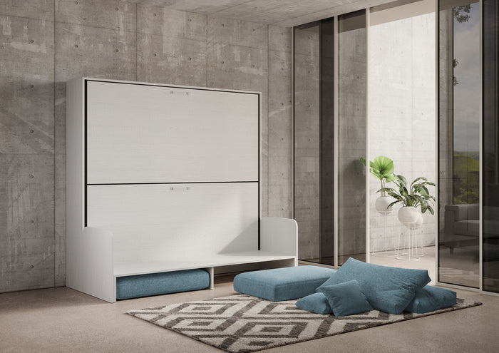 Letto Doppio A Scomparsa Kando Con Divano Con Materassi Bianco Frassino e Azzurro