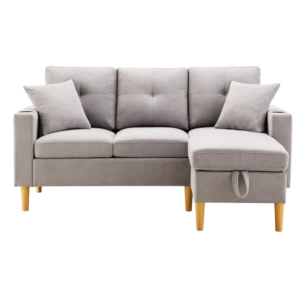 Divano con chaise longue 175x129x90 cm con contenitore e portabicchieri in cotone e lino grigio chiaro