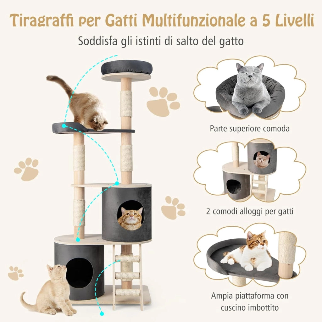 Albero Tiragraffi per Gatti, Tiragraffi per Gatti Multilivello con 2 Cucce Accoglienti, Trespolo in Tessuto Felpato, Piattaforma, Pali Tiragraffi e Scala con Rivestimento in Sisal