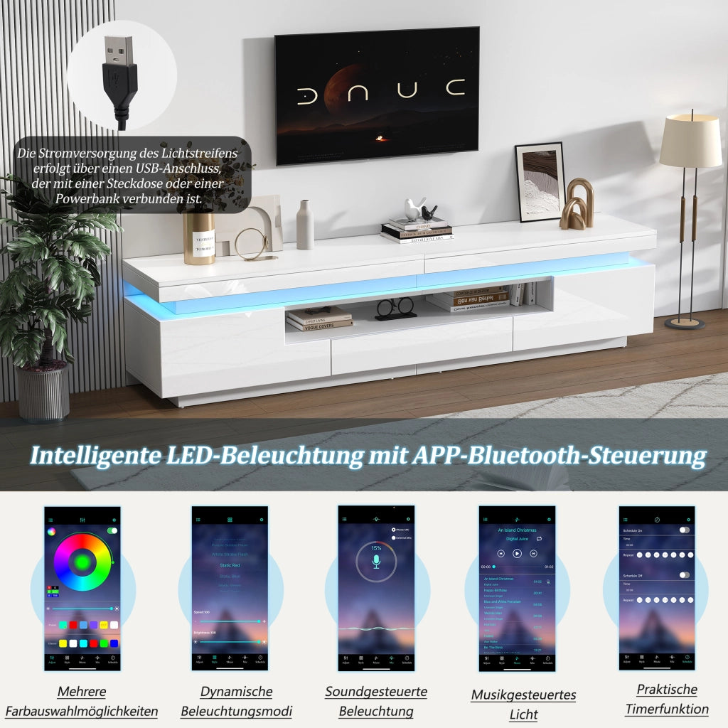 MOBILE TV con LED 175x38x45 cm Bianco lucido con 2 ante e 1 cassetto
