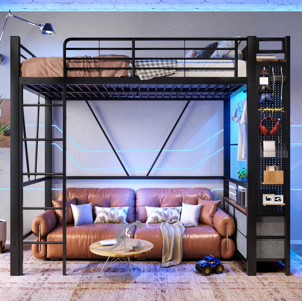 Letto a soppalco 90x200 cm nero con contenitore integrato e LED, senza materasso