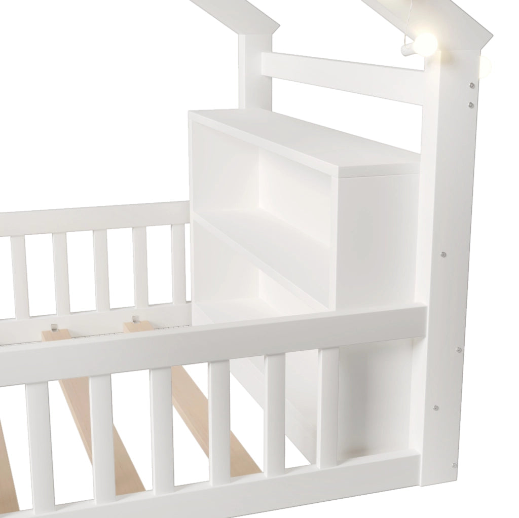 Letto a forma di casa 90 x 190 cm con sponde e ripiani, bianco