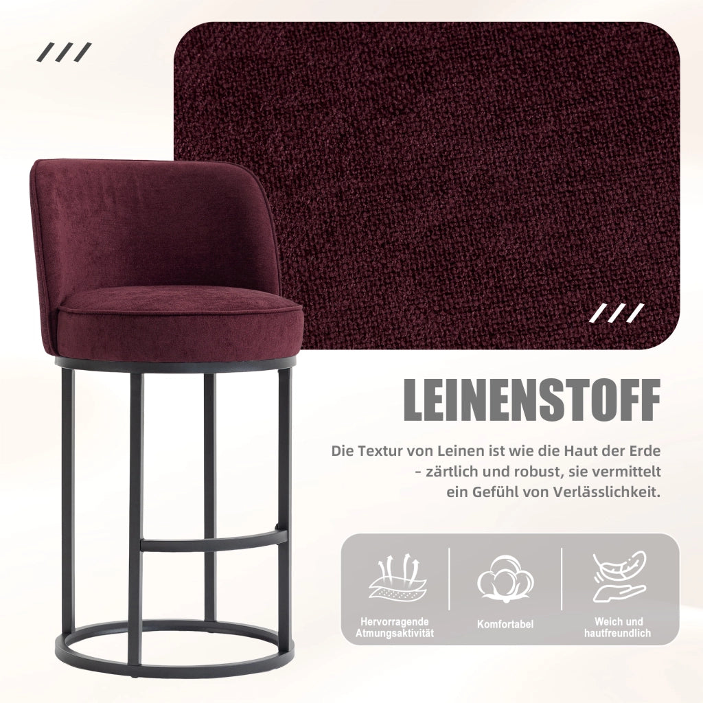 Set di 2 Sgabelli da Bar con Schienale Ergonomico e Poggiapiedi; per Cucina e Bancone; Lino Rosso Vino