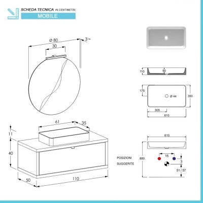 Mobile bagno sospeso 110 cm grigio cemento con lavabo da appoggio e specchio Master