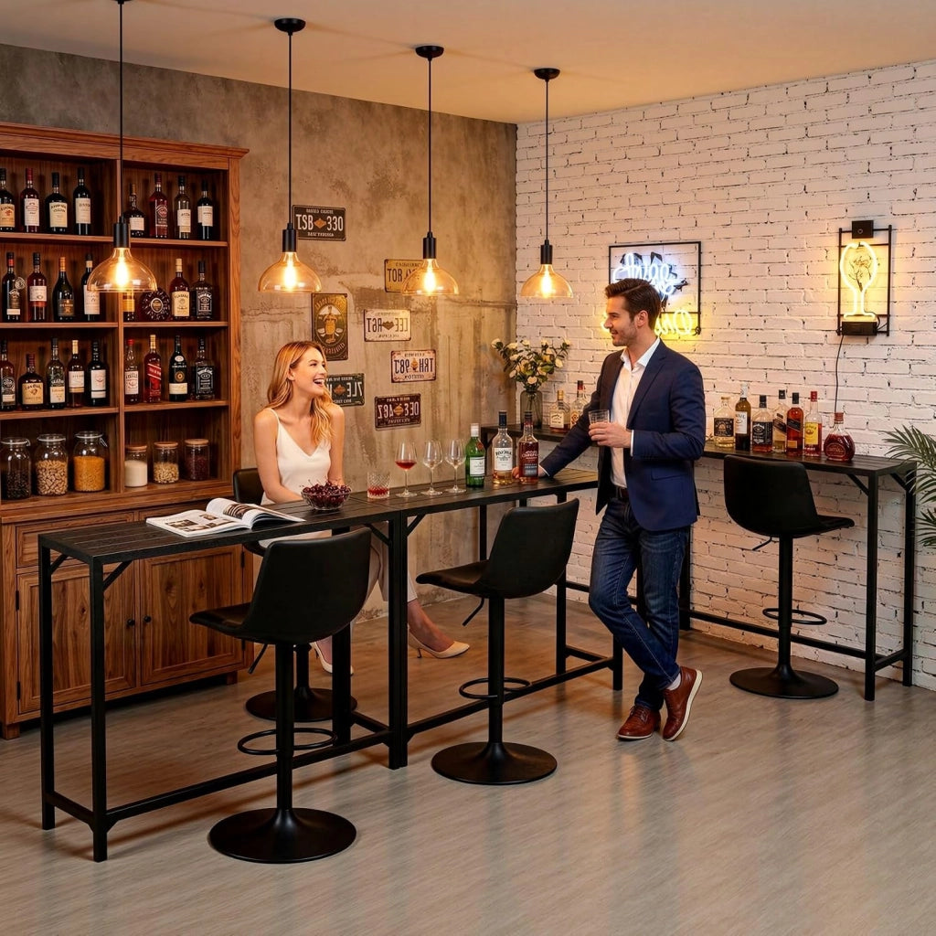Outdoor Bar Table, 120 x 38 x 98 cm, Tavolo da Giardino Cortile con Piano Impermeabile, Tavolo da Bar Alto con Piedini Regolabili, adatto per Terrazza, Bordo Piscina, Soggiorno, Nero
