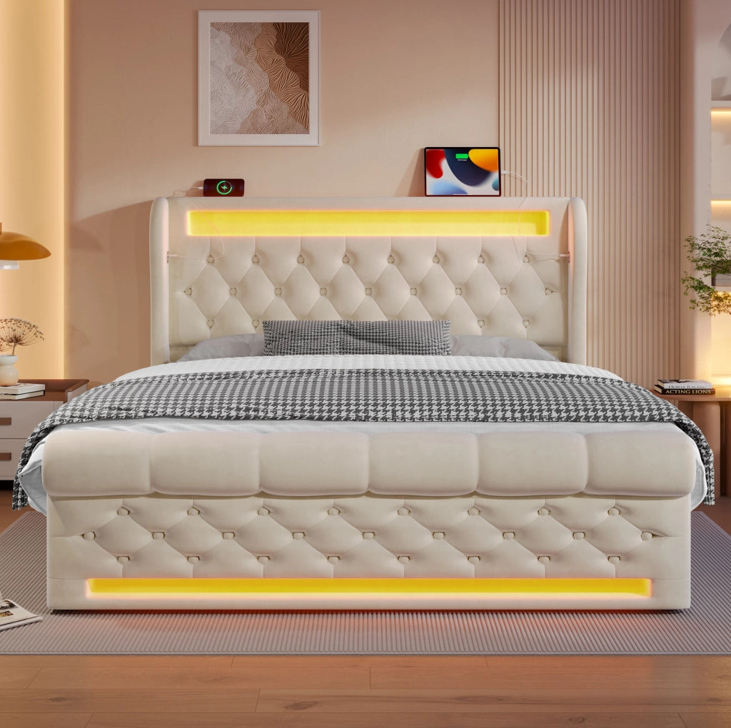 Letto imbottito con LED, testiera con porte USB e tipo C, contenitore idraulico, beige