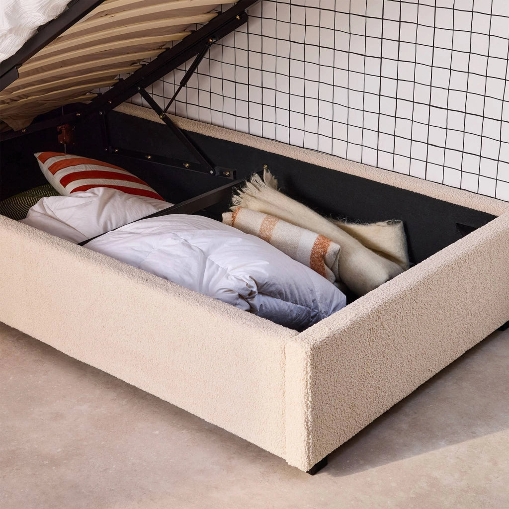 Struttura letto con contenitore e testiera 90x190cm, imbottita bouclé,