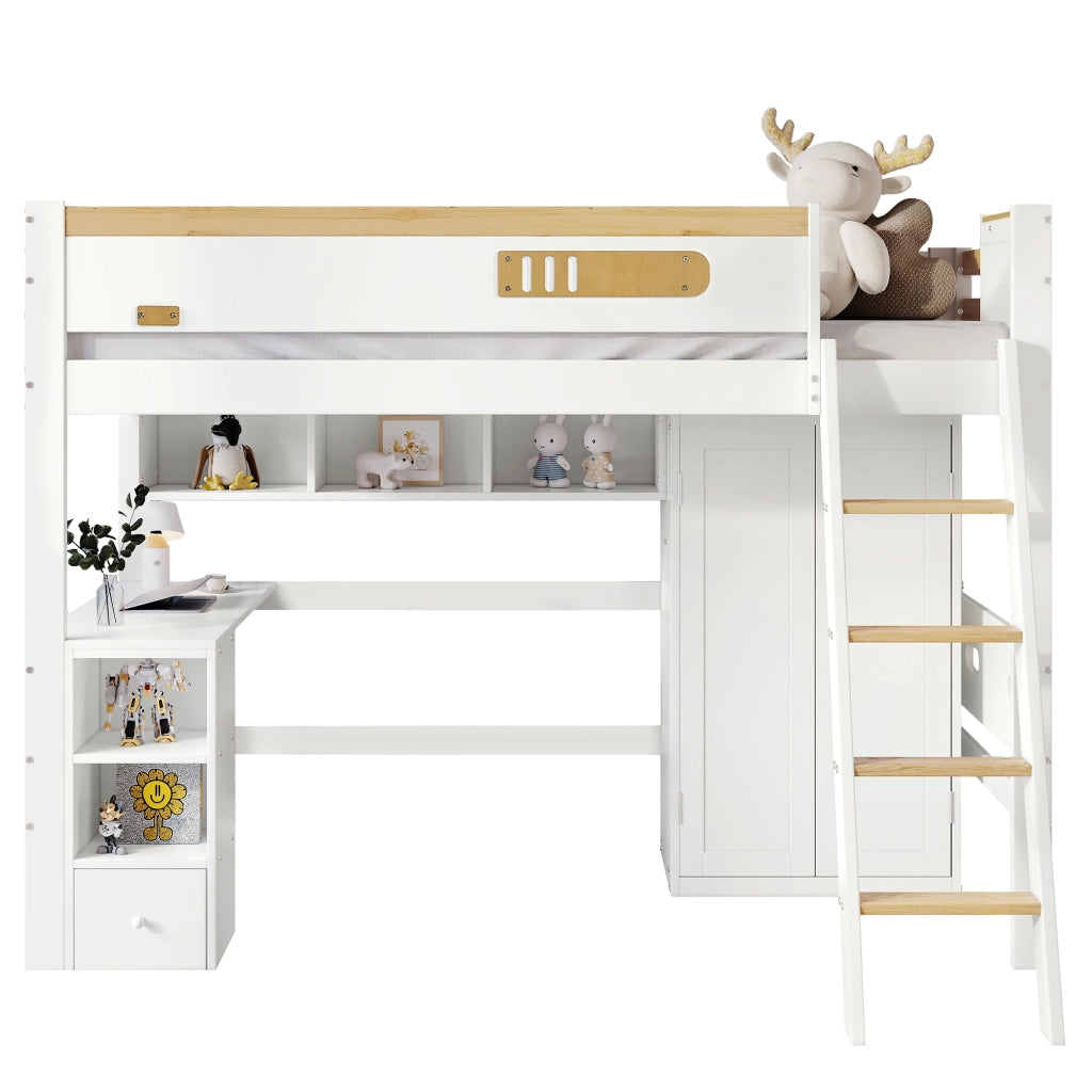 Letto a castello per bambini 90x200 cm con scrivania, armadio, scaffali e scala