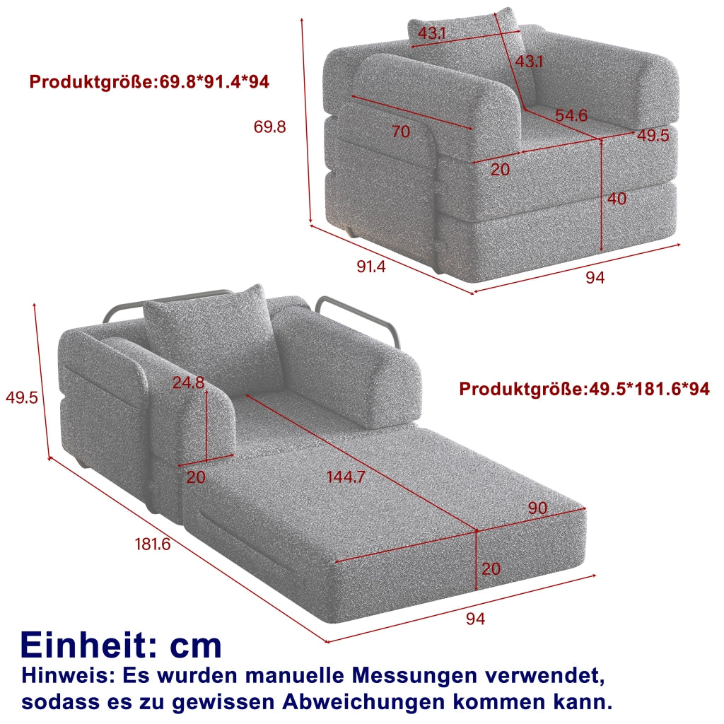 DIVANO LETTO 1 POSTO CHENILLE GRIGIO CON VANO BRACCIOLO