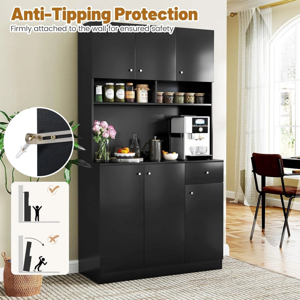 Credenza Alta da Cucina con Stazione di Ricarica, Mobile Dispensa con Cassetto e Porte, Armadietto a Buffet con Ripiani Regolabili, 100x40x181cm, per Sala da Pranzo (In 2 Pacchi) (Nero)