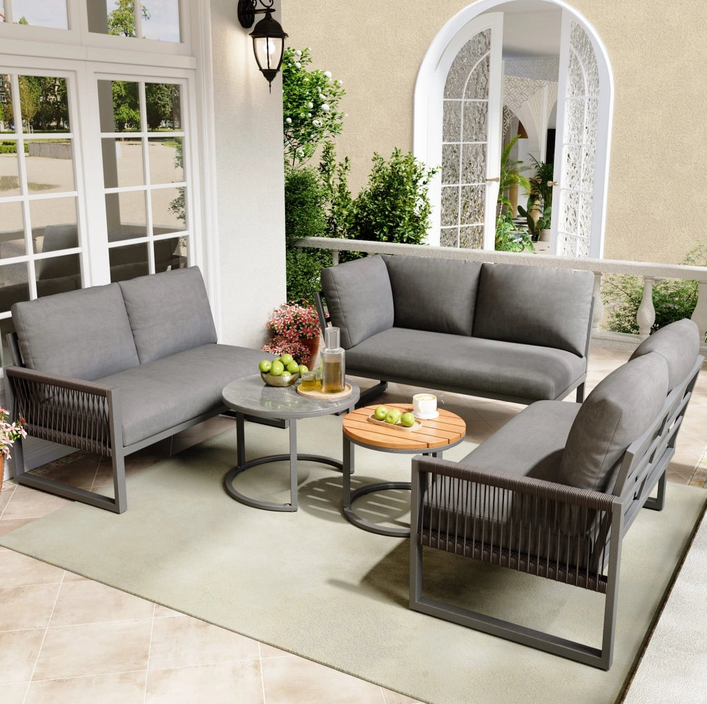 Set lounge da giardino grigio con divani; 2 tavolini e cuscini; metallo e poliestere
