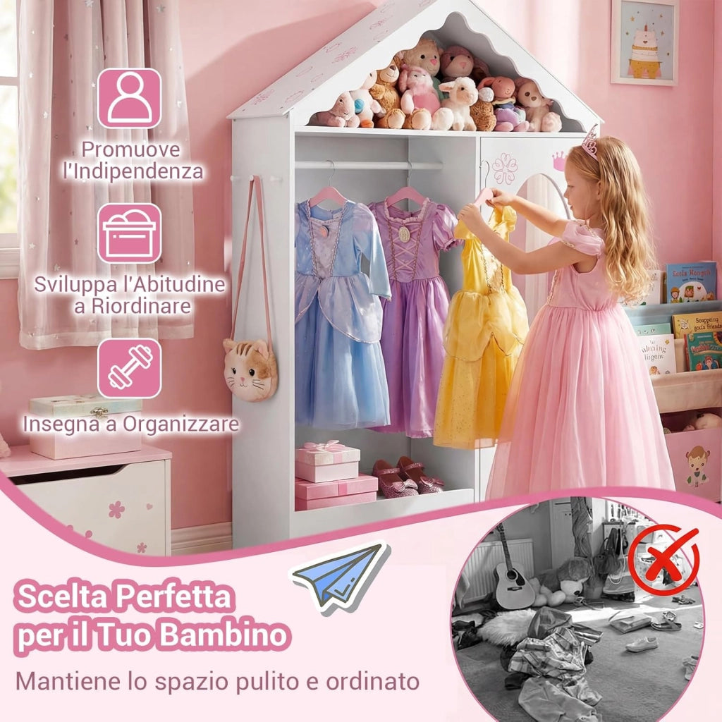 Armadio con Specchio per Bambini, Guardaroba Coperto con Appendiabiti Aperto, Scaffali e Ganci, Armadio e Organizzatore di Costumi per Camera da Letto e Stanza dei Giochi (Bianco)