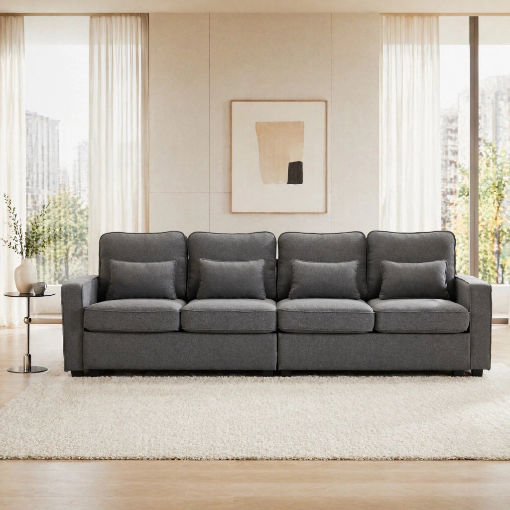 Divano Lineare 4 Posti con Tasche Laterali e 4 Cuscini Lombari, in Lino Grigio Scuro 264 × 83 × 87 cm