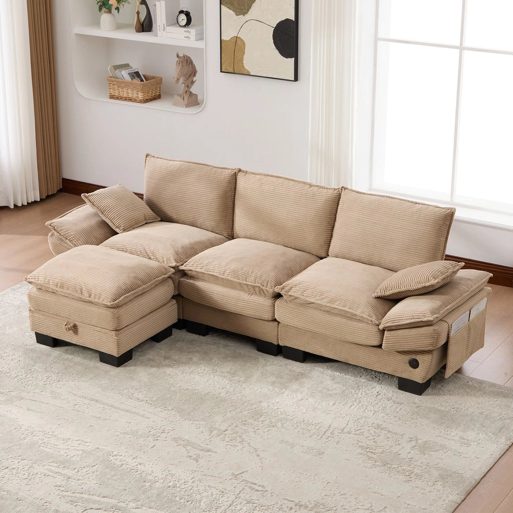 Divano 3 Posti con Poggiapiedi in Tessuto ¨C Xylo ¨C Beige/Khaki
