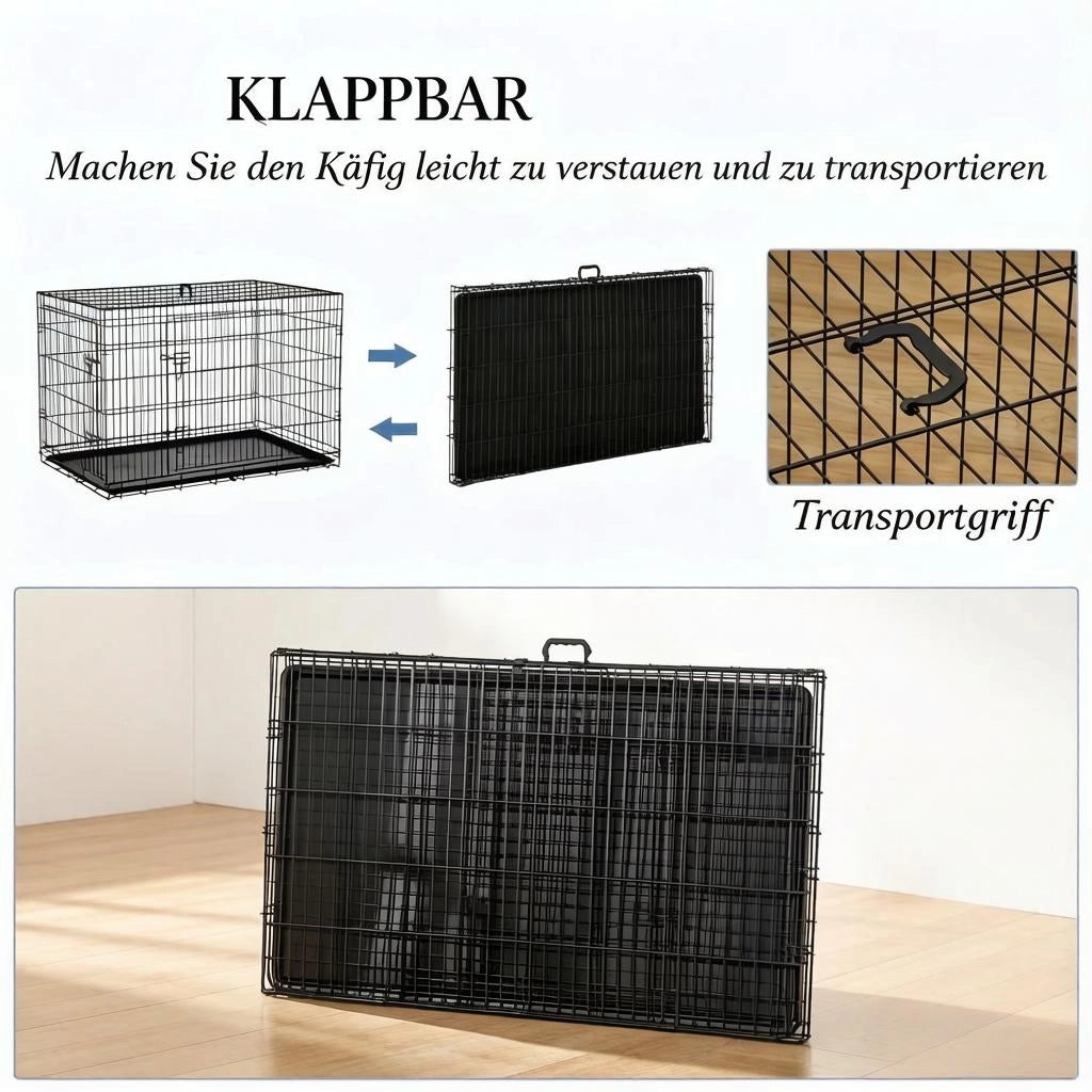 Gabbia per cani pieghevole con due porte bloccabili e vassoio estraibile in plastica e acciaio nero 121 × 77 × 82 cm