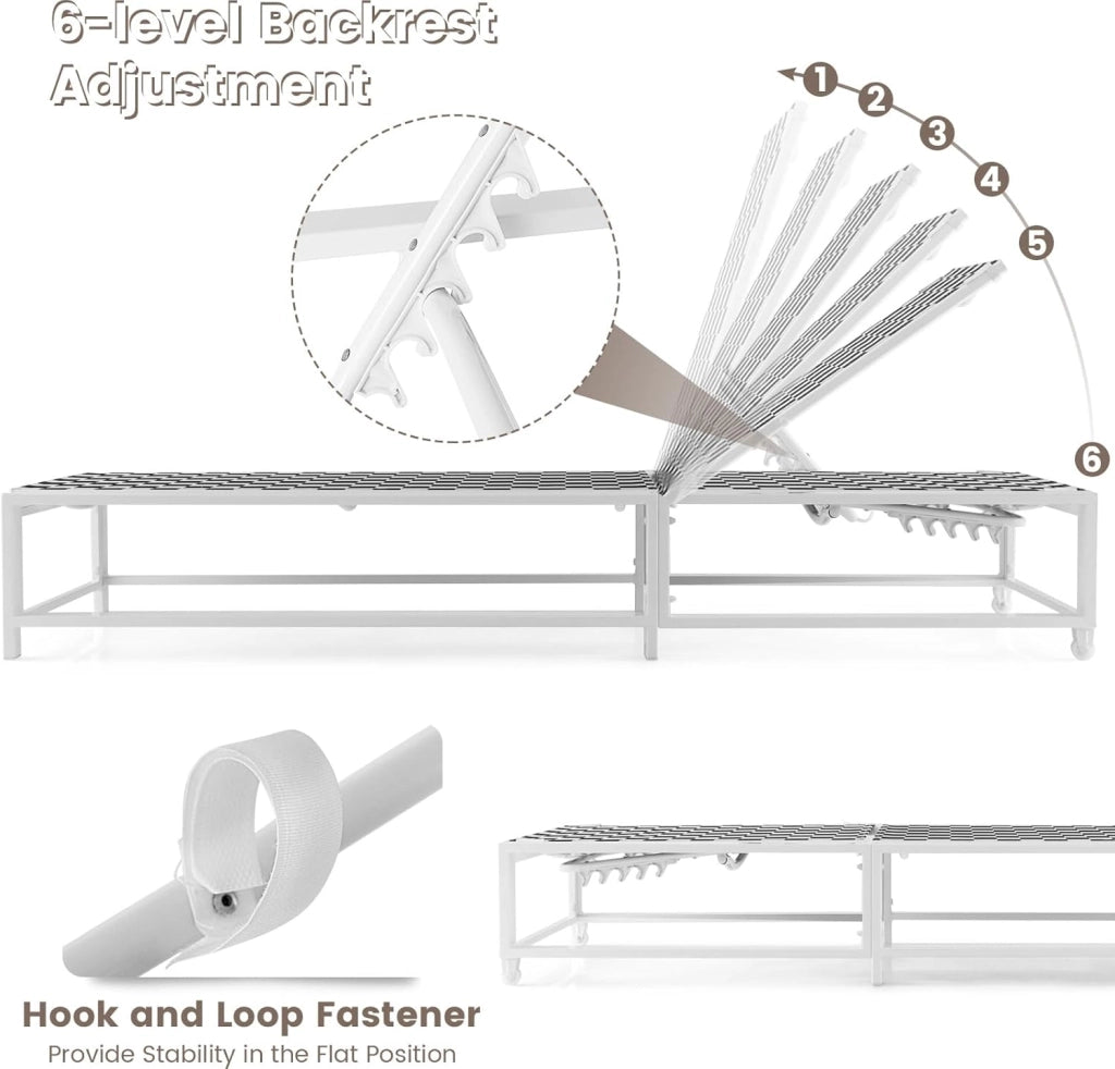 Lettino da giardino con schienale regolabile in 5 posizioni, sedia reclinabile pieghevole con 2 ruote, in tessuto traspirante con telaio in metallo, carico 180 kg, 200 x 68 x 104 cm