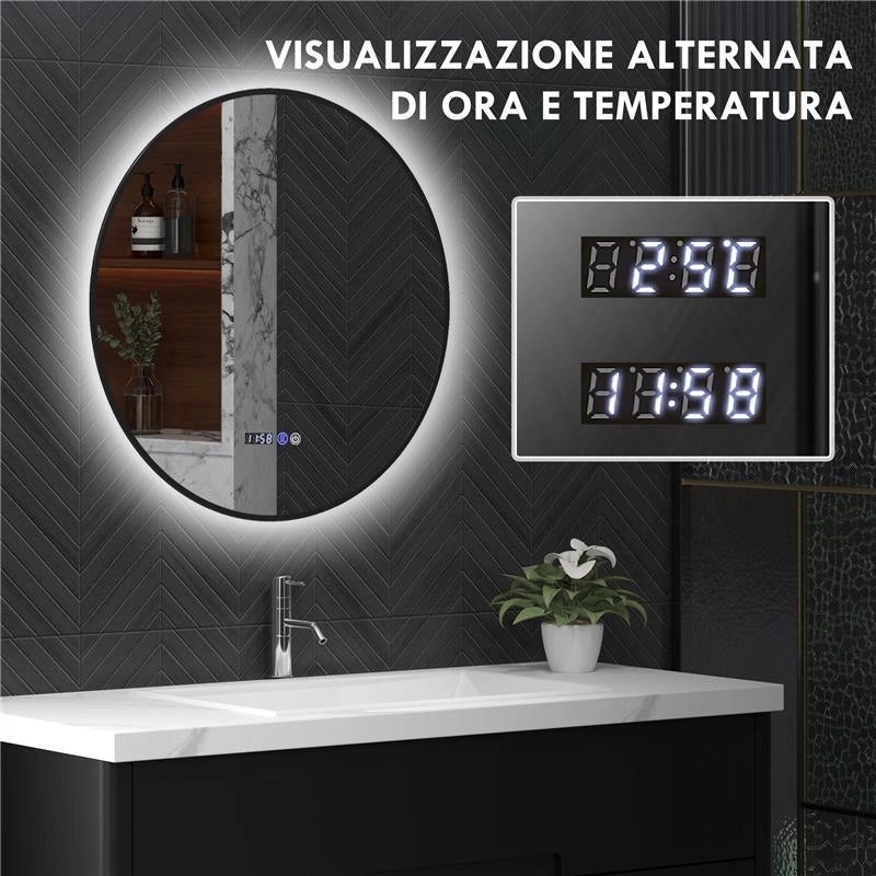SPECCHIO BAGNO CON LUCE LED REGOLABILE ANTIAPPANNAMENTO E DISPLAY TEMPO E TEMPERATURA Ø 70 CM NERO