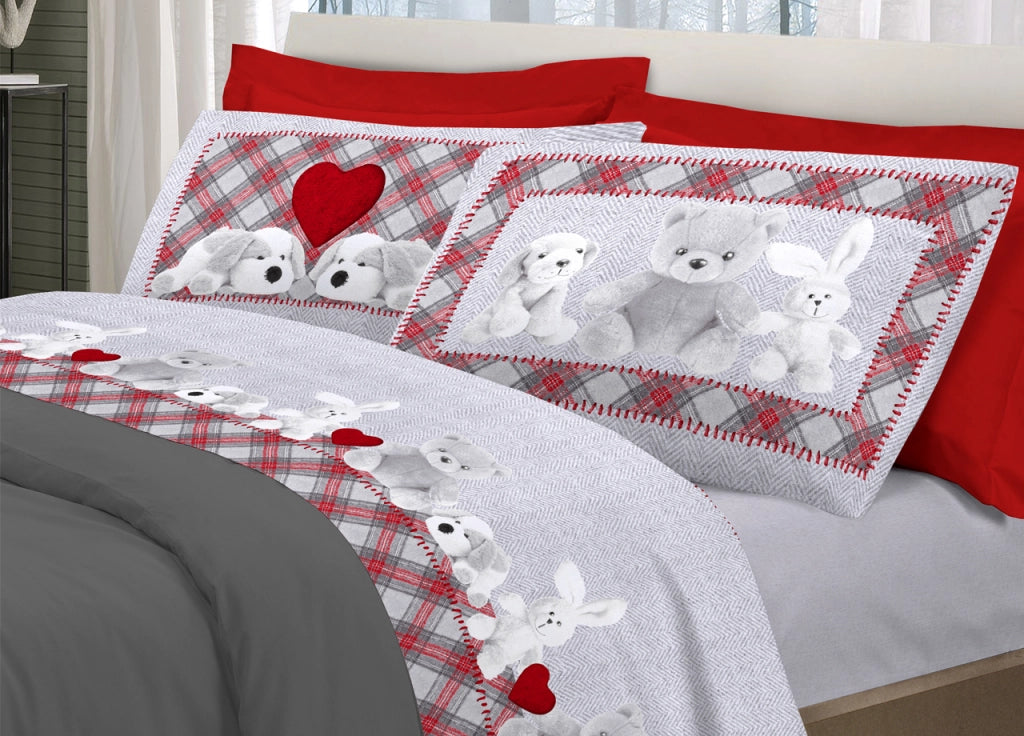 Completo Lenzuola Linea Pensieri Delicati 100% Cotone Disegno Peluche - Piazza E Mezza - Grigio