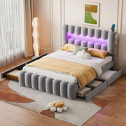 Letto imbottito in velluto con LED, USB e 4 cassetti, 160x200 cm, grigio