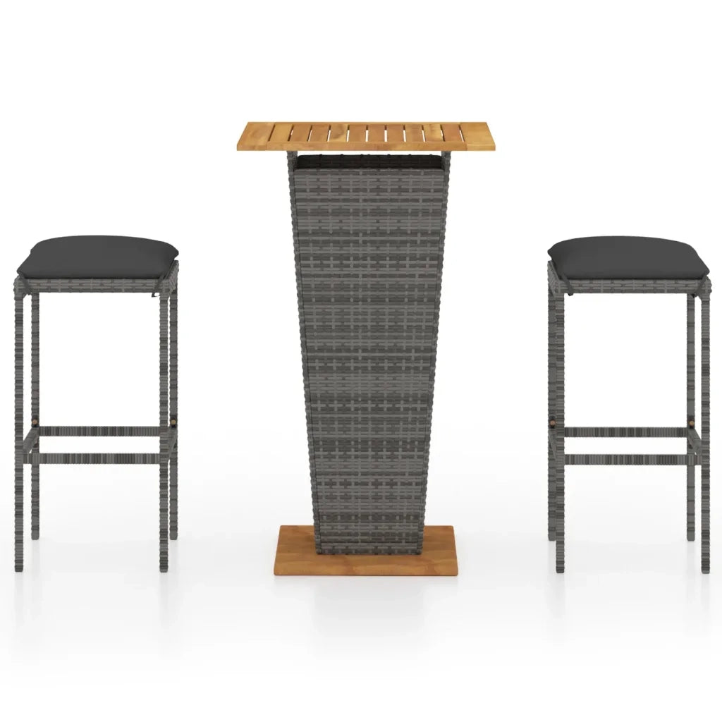 Set Bar da Giardino 3 pz con Cuscini in Polyrattan Grigio