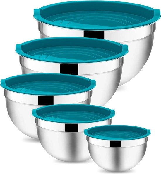Set di 5 contenitori in acciaio inossidabile - ciotola con coperchio ermetico - stivabile e lavastoviglie - blu - per pentole e cottura