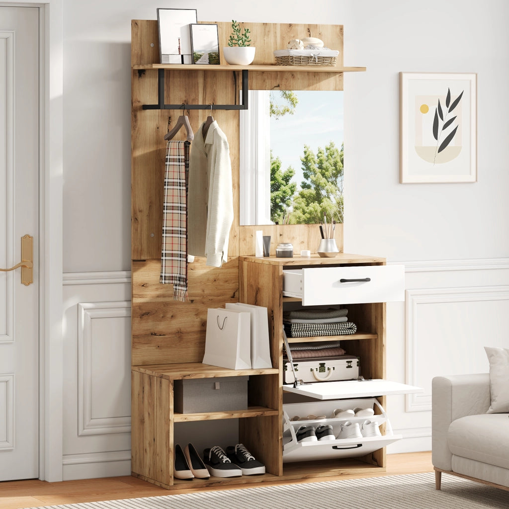 OKWISH Mobile da ingresso con 1 Cassetto, 2 Armadi, Specchio e Panca Scarpiera, Bianco e Legno Naturale 100 x 38.5 x 190 cm