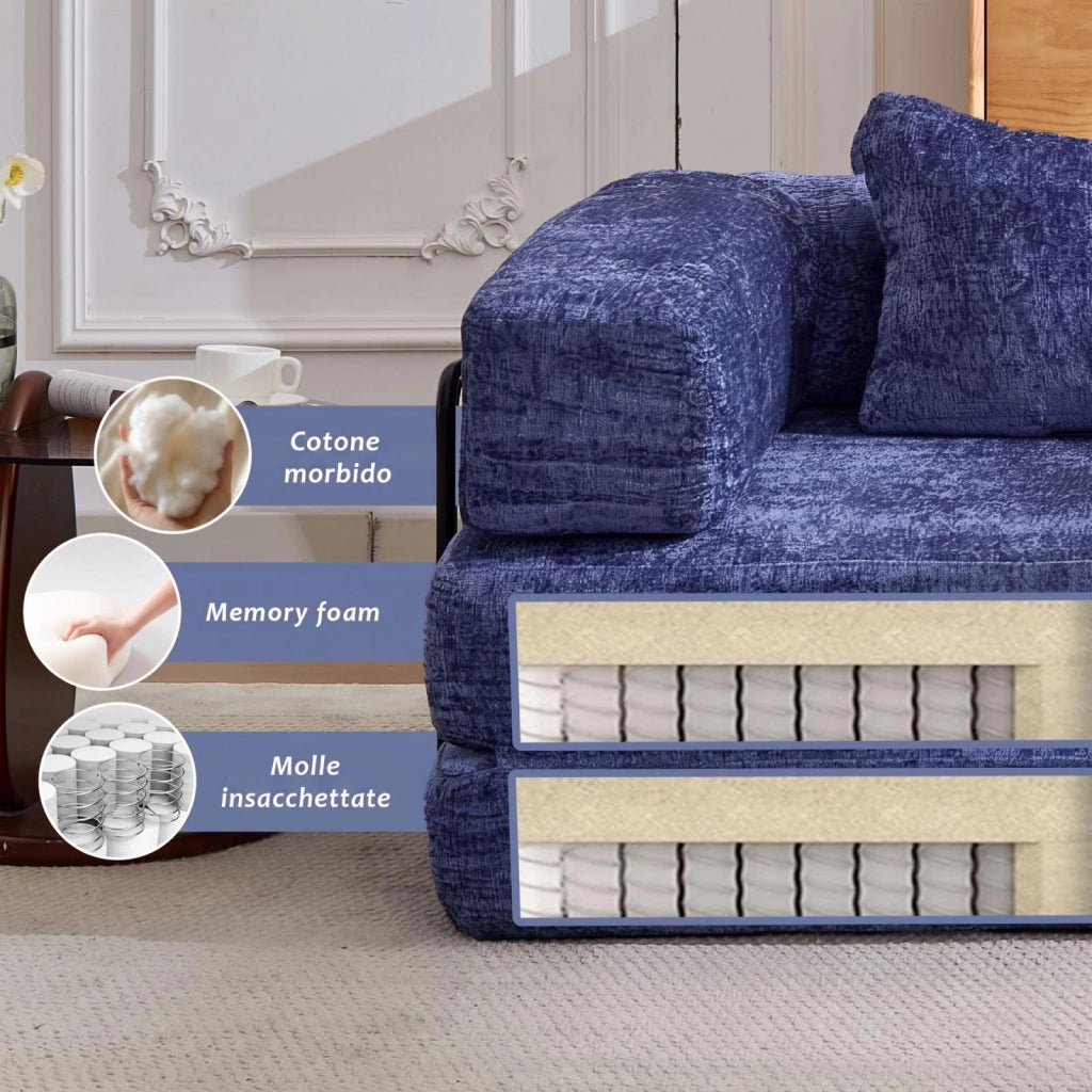Divano compatto, divano letto pieghevole, moduli senza struttura, tessuto chenille, blu scuro
